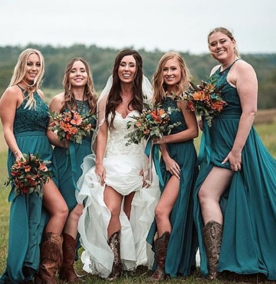 Teal Country Wedding Colors for 2024, Teal Bridesmaid Dresses, Teal Bridal Boots