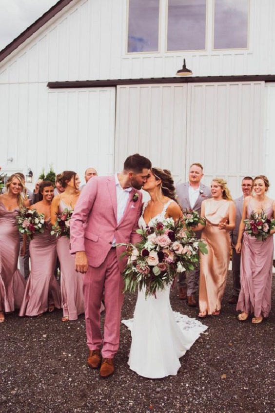 Romantic and Rustic Barn Wedding, Pink Bridesmaid Dresses, White Bridal Gown.