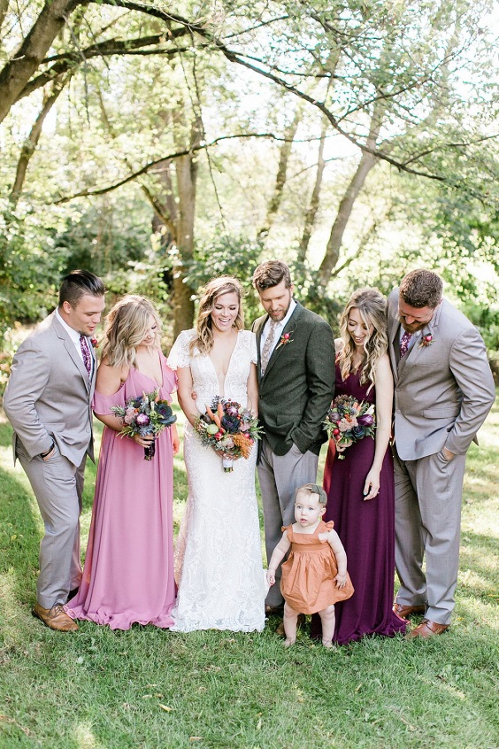 Unique Greenhouse and Farm Wedding, Purple Bridesmaid Dresses, White Wedding Cake.