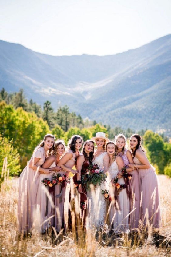 Stunning & Boho Mountain Wedding, Pink Bridesmaid Dresses, White Wedding Gown