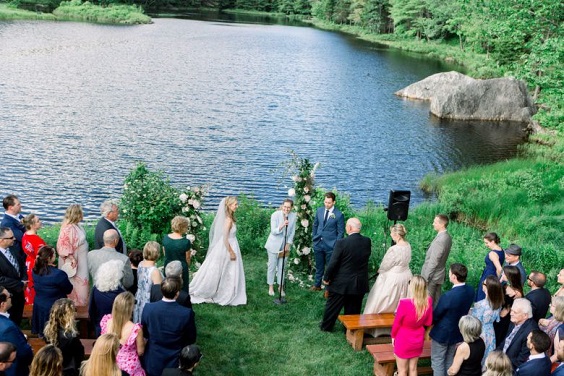 Perfect & Lovely Lakeside Wedding, White Wedding Invitations, White Wedding Cake