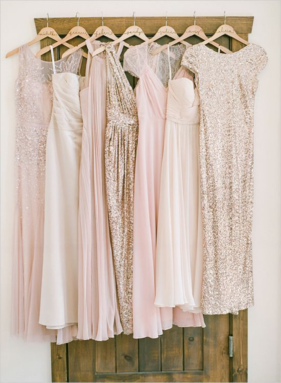Blush and Rose Gold Wedding Theme 2024, Mismatched Rose Gold and Blush Bridesmaid Dresses, Rose Gold Bridal Shoes