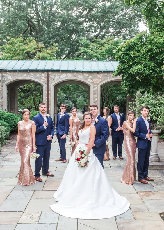 Navy Blue and Rose Gold Wedding Theme 2024, Rose Gold Bridesmaid Dresses, Navy Blue Groom Suit