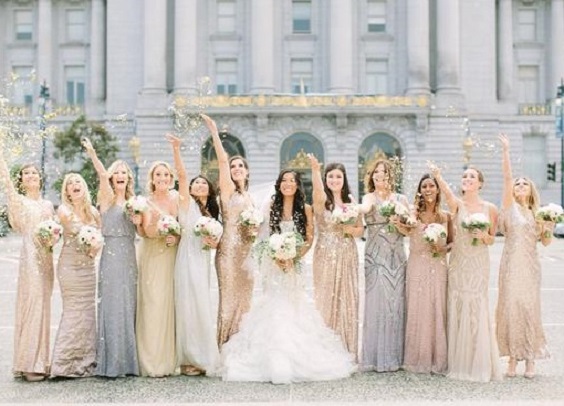 Silver Grey and Rose Gold Wedding Theme 2024, Mismatched Silver Grey and Rose Gold Bridesmaid Dresses, Grey Groom Suit