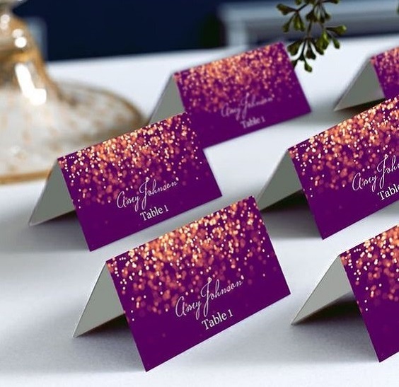 Wedding Place Cards for Purple and Rose Gold Wedding Theme 2024
