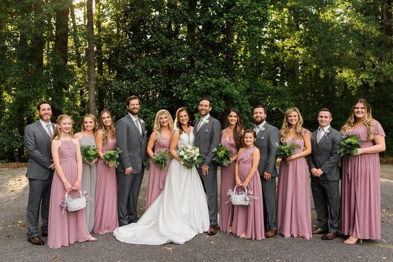 Mauve and Grey Wedding Colors for 2024, Mauve Bridesmaid Dresses, Grey Groom Suit