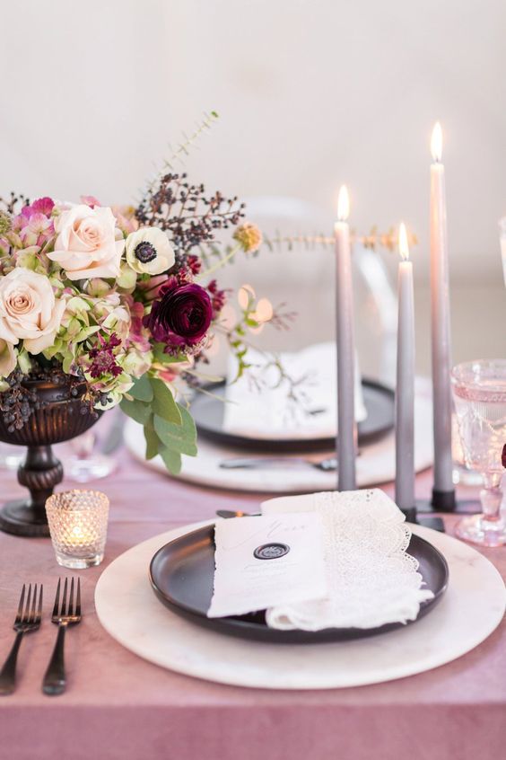 Wedding table decorations for Mauve and Black Wedding Colors for 2024