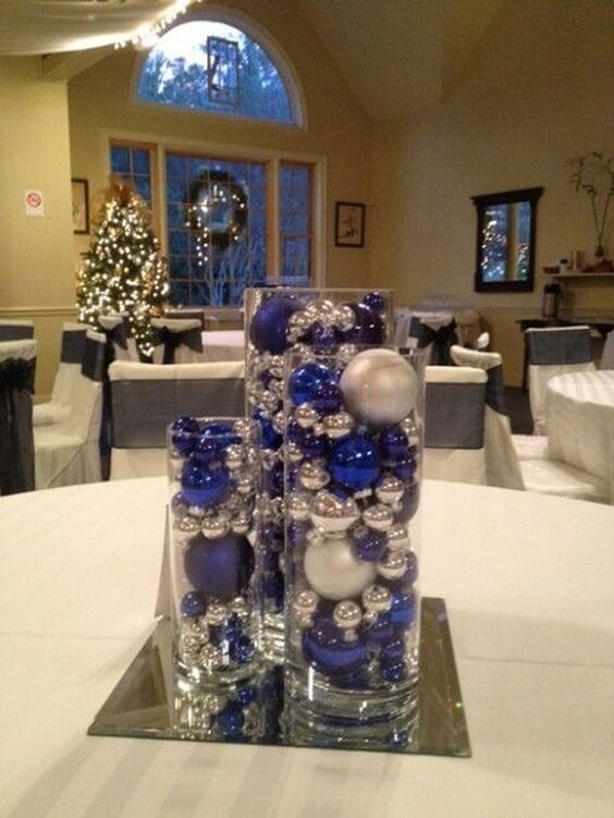 Wedding table decorations for royal blue and silver metallic winter wedding