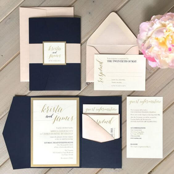 Wedding invitations for Navy blue and Champagne Winter wedding