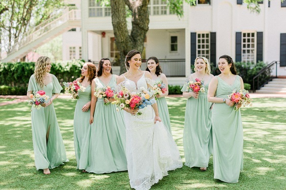 Mint Green + Hot Pink May Wedding Colors 2024, Mint Bridesmaid Dresses and Hot Pink Centerpiece