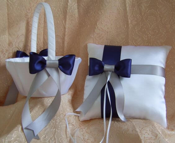 Flower girl basket and ring pillow set for Navy blue and Grey Winter wedding