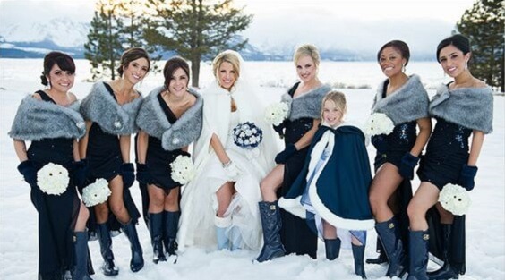 White Bride Gown and Bridesmaid dresses for Navy blue and Grey Winter wedding