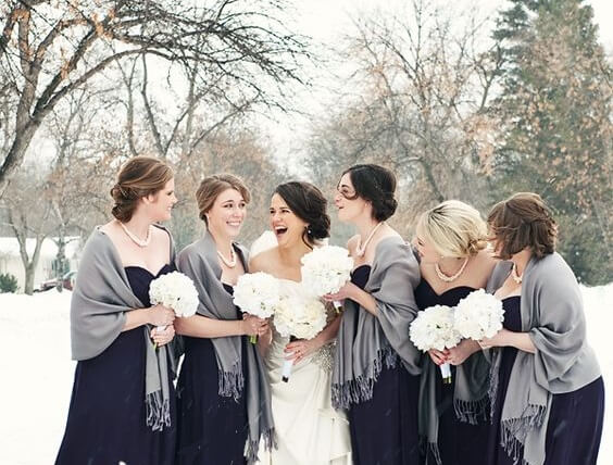 White Bride Gown and Bridesmaid dresses for Navy blue and Grey Winter wedding