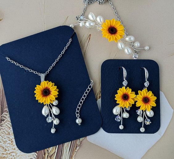 sunflower jewerly for 8 awesome sunflower wedding color ideas 2024 navy blue