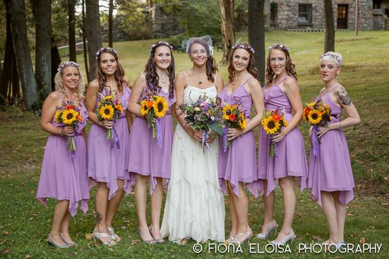 Orchid Sunflower Wedding Colors 2024, Orchid Bridesmaid Dresses, Yellow Sunflower Bouquets