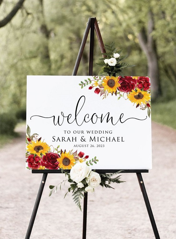 welcome sign for 8 awesome sunflower wedding color ideas 2024 maroon