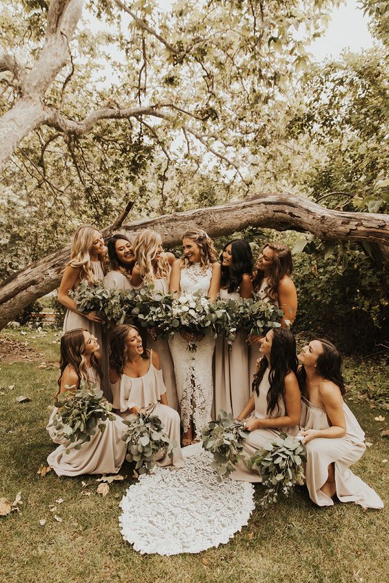 Champagne, White and Greenery Rustic Themed Wedding 2024, Champagne Bridesmaid Dresses, White and Greenery Wedding Bouquets