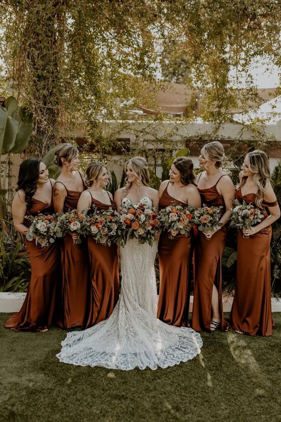 Terracotta and White Rustic Themed Wedding 2024, Terracotta Bridesmaid Dresses, White Bridal Gown
