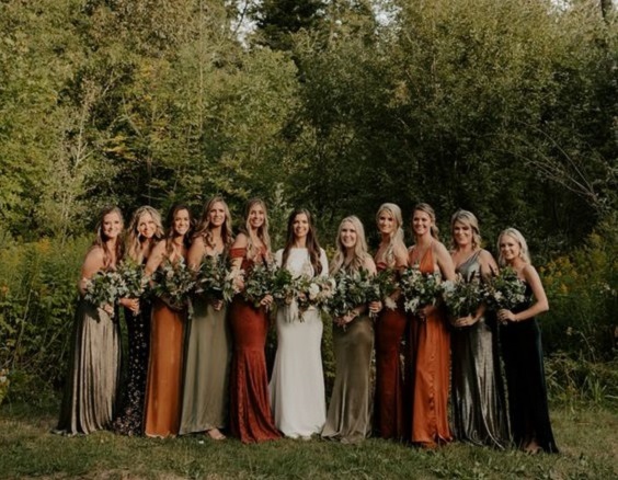 Olive Green and Terracotta Rustic Themed Wedding 2024, Mismatched Olive Green and Terracotta Bridesmaid Dresses, Olive Green Napkins