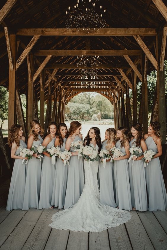 Dusty Blue and Illusion Blue Rustic Themed Wedding 2024, Illusion Blue Bridesmaid Dresses, Dusty Blue Ceremony Arch