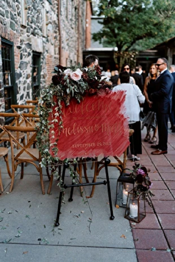 wedding welcome sign for 8 vintage wedding color ideas 2024 burgundy wine tan