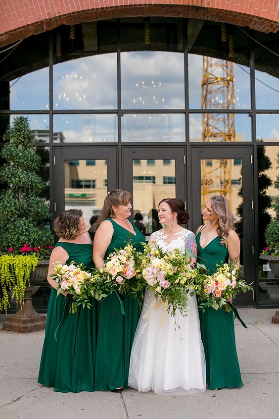 Hunter Green + Pink + Gold Vintage Wedding Colors 2024, Hunter Green Bridesmaid Dresses and Gold Plates