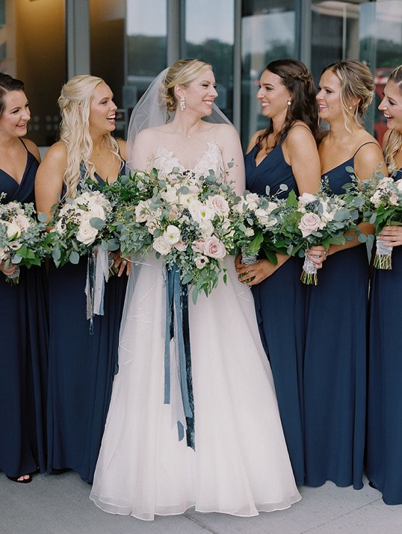Navy + Blush + Sage Vintage Wedding Colors 2024, Navy Blue Bridesmaid Dresses and Blush Flowers