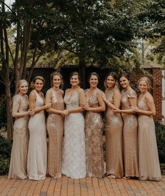 Grey + Champagne + Brown Vintage Wedding Colors 2024, Champagne Bridesmaid Dresses and Brown Decoration