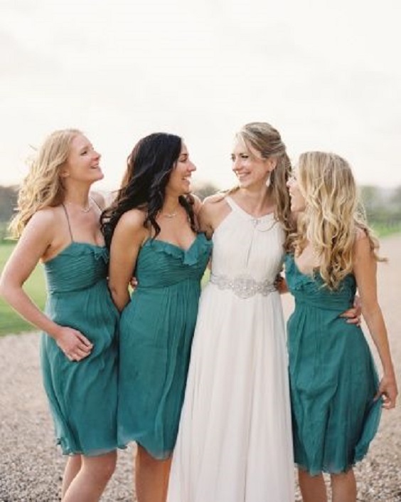 Teal, White and Light Grey Wedding Color Combos 2024, Teal Bridesmaid Dresses, Light Grey Groom Suit