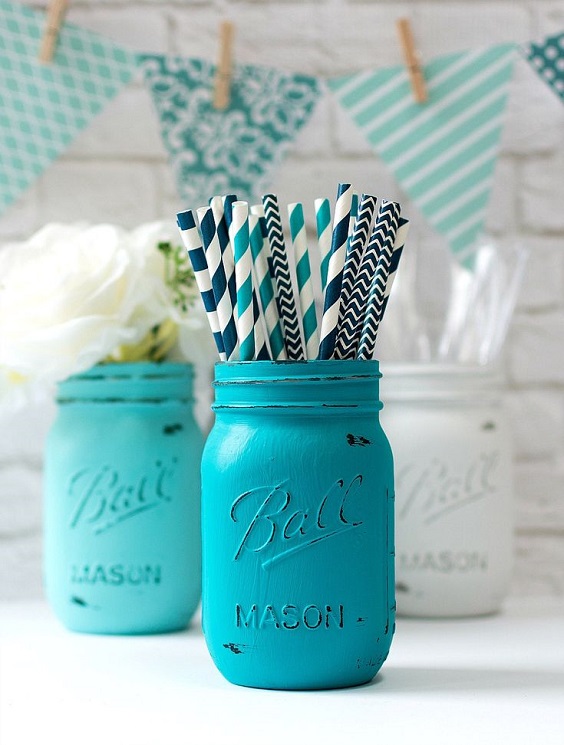 Teal jars decorations for  White and Light Grey Wedding Color Combos 2024