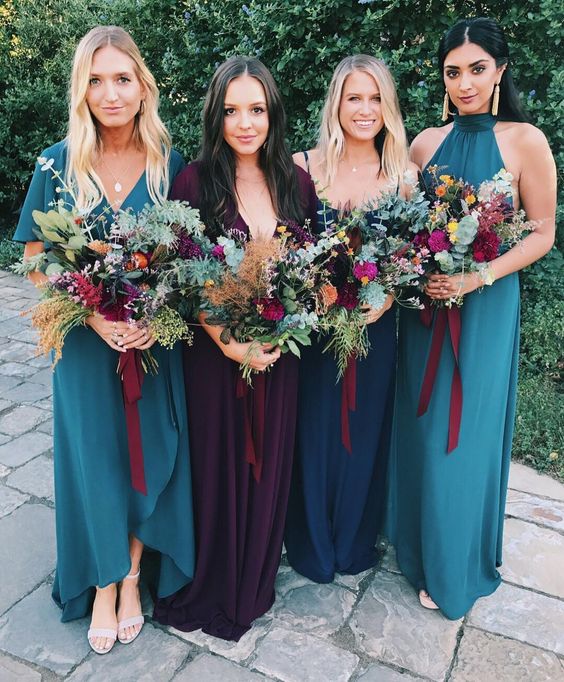 Teal, Burgundy and Dark Yellow Wedding Color Combos 2024, Mismatched Teal and Burgundy Bridesmaid Dresses, Burgundy and Dark Yellow Table Centerpieces