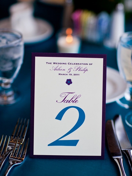 Wedding Table Numbers for Teal and Purple Wedding Color Combos 2024