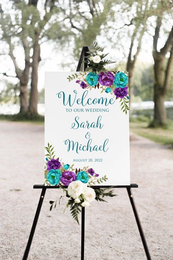 Wedding Welcome Board for Teal and Purple Wedding Color Combos 2024