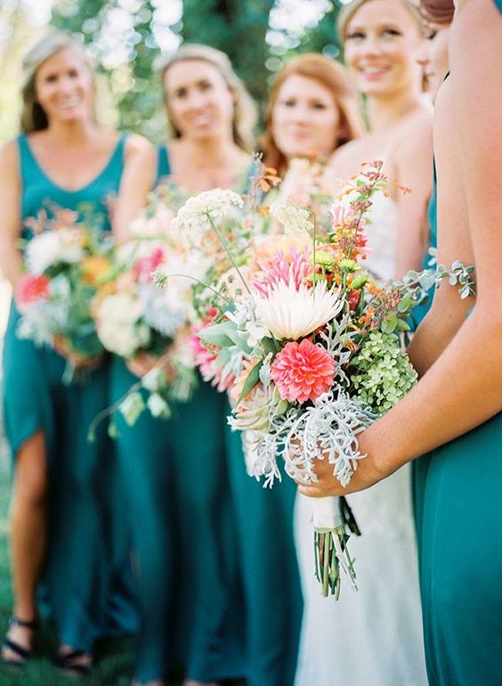 Teal and Pink Wedding Color Combos 2024, Teal Bridesmaid Dresses, Pink Wedding Bouquets