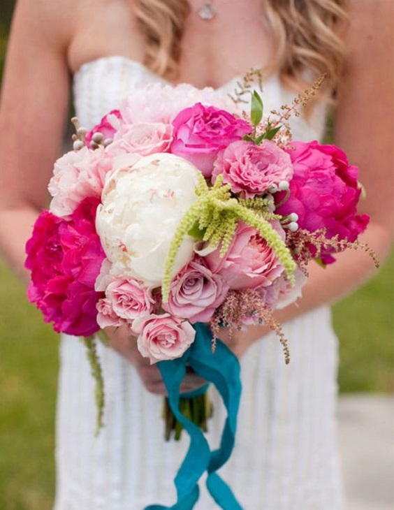 Wedding Bouquets, Teal Ribbons for Teal and Pink Wedding Color Combos 2024