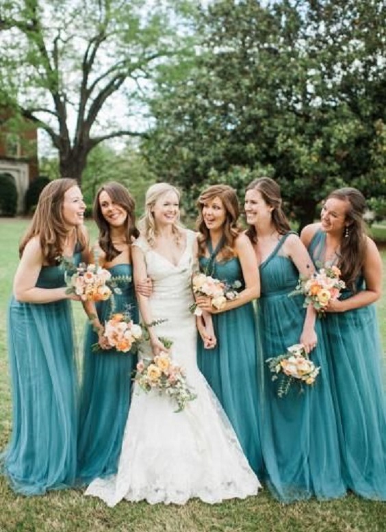 Teal and Gold Wedding Color Combos 2024, Teal Bridesmaid Dresses, Teal and Gold Indoor Decorations
