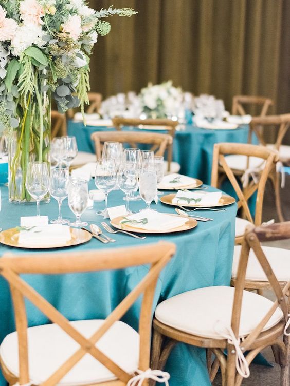 Teal Wedding Table Cloth for Teal and Gold Wedding Color Combos 2024