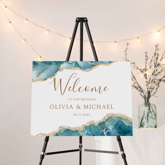 Wedding Welcome Board for Teal and Gold Wedding Color Combos 2024
