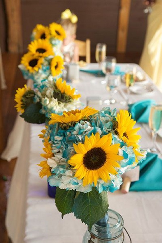 Sunflowers Table Centerpieces for Teal and Yellow Wedding Color Combos 2024