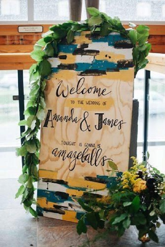 Wedding Welcome Board for Teal and Yellow Wedding Color Combos 2024
