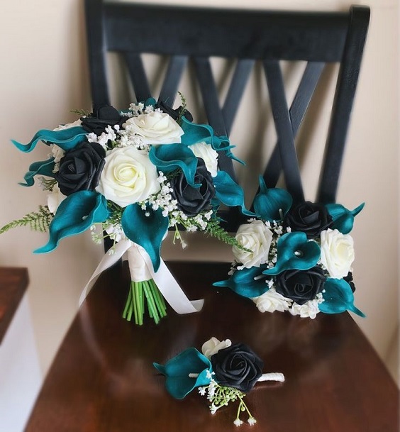 Wedding Bouquets for Teal and Black Wedding Color Combos 2024