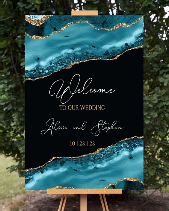 Wedding Welcome Board for Teal and Black Wedding Color Combos 2024