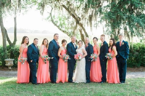 Coral and Navy Blue Wedding Color Palettes 2024, Coral Bridesmaid Dresses, Navy Blue Groom Suit