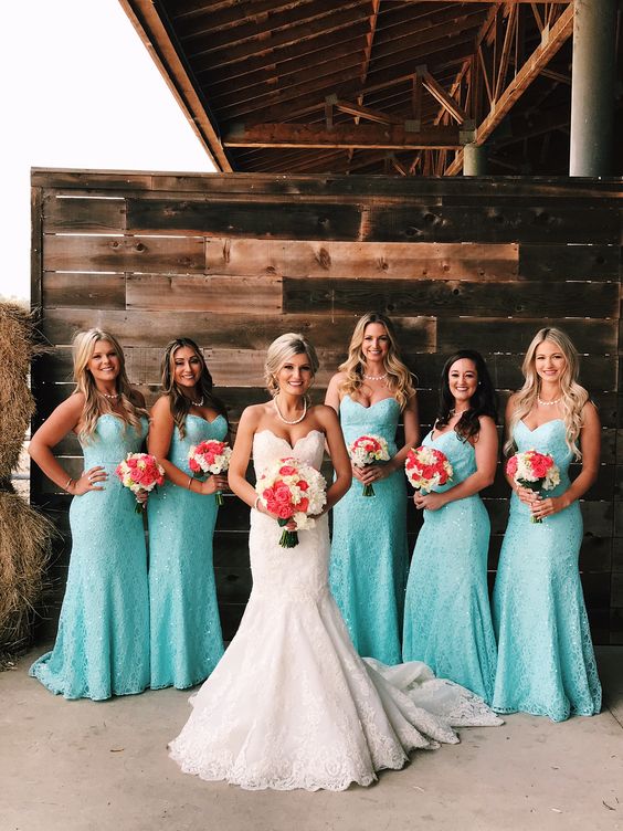 Coral and Turquoise Wedding Color Palettes 2024, Turquoise Bridesmaid Dresses, Coral Wedding Bouquets