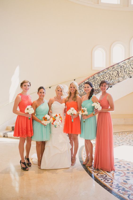 Coral and Mint Green Wedding Color Palettes 2024, Mismatched Coral and Mint Green Bridesmaid Dresses, Coral Wedding Cake Decorations