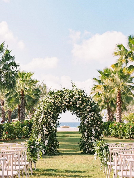 blush flower and greenery wedding arch for destination wedding colors 2024 green white and black