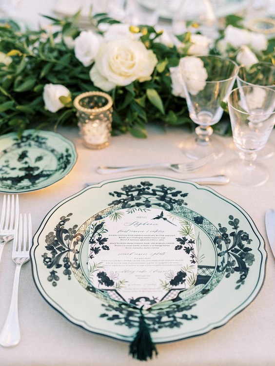 green floral wedding tableware for destination wedding colors 2024 green white and black