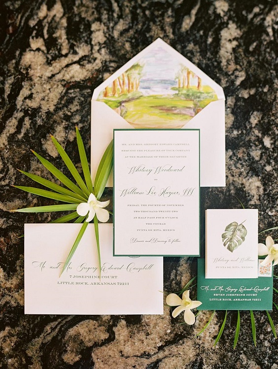 white wedding invitations with green covers for destination wedding colors 2024 green white and black