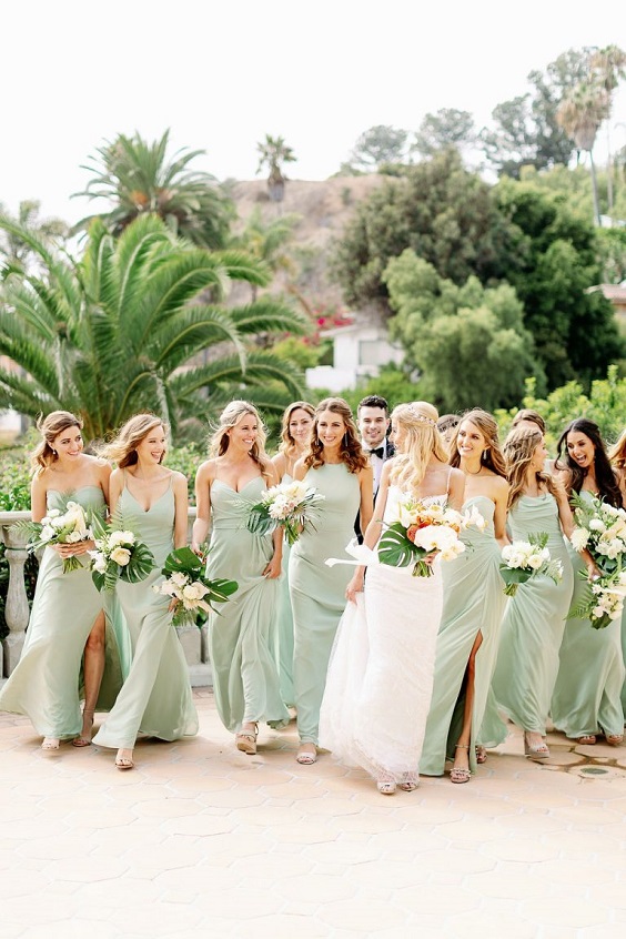 mint green bridesmaid dresses white bridal gown for destination wedding colors 2024 mint green and burnt orange
