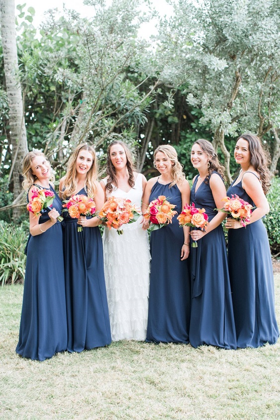 navy blue bridesmaid dresses white bridal gown orange wedding bouquets for destination wedding colors 2024 navy orange and green